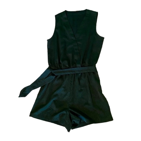ASOS ONLY Women’s V-Neck Belted Dark Green Silky Romper - Picture 1 of 3